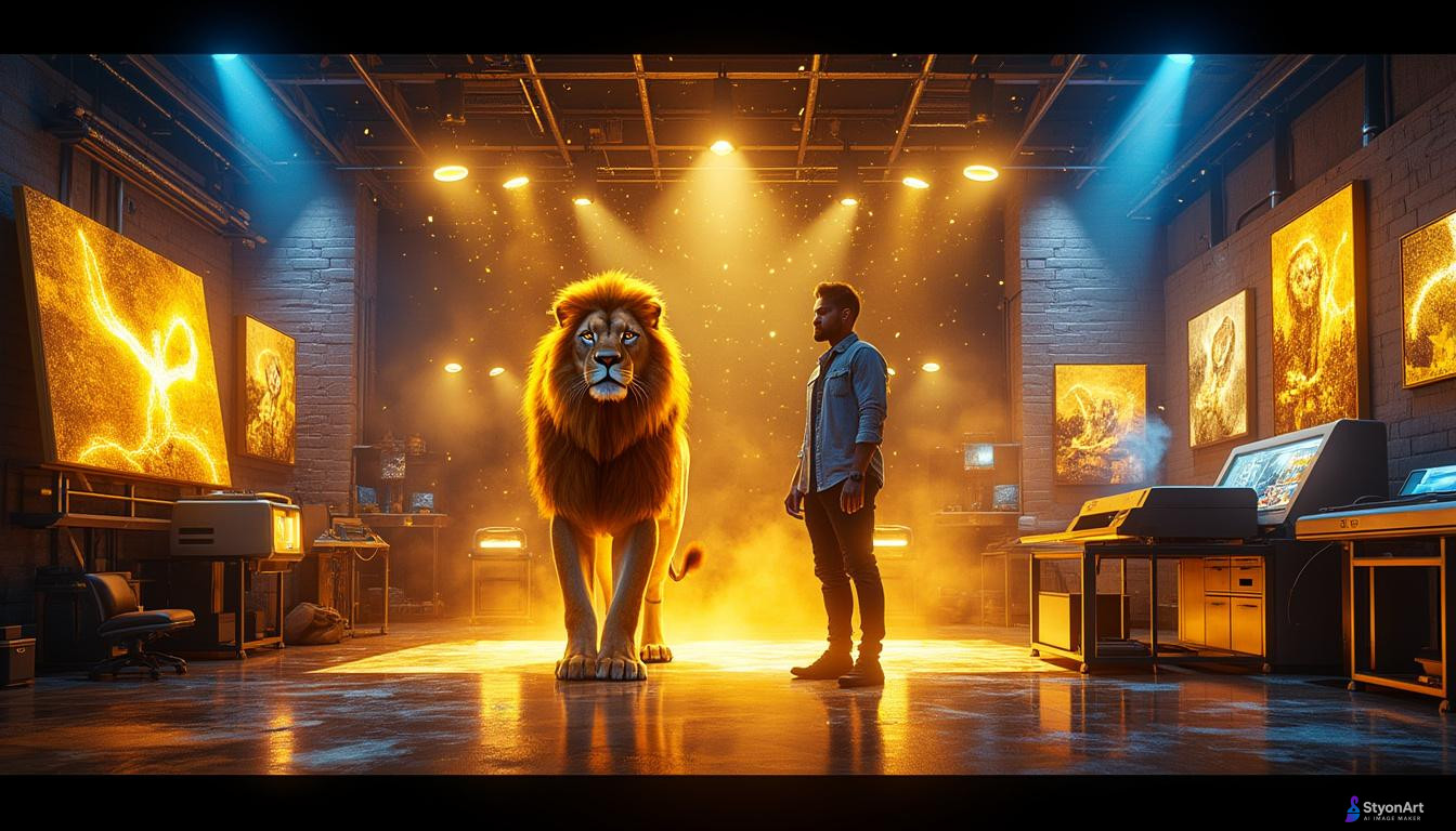 a powerful digital artwork showing a majestic golden lion standing beside a modern art designer in a glowing creative studio filled with futuristic printers, canvases and lights, symbolizing strength, creativity and success; the room is illuminated by golden and blue energy particles, cinematic lighting, ultra detailed, modern art aesthetic, 8K resolution, inspiring atmosphere, masterpiece wallpaper