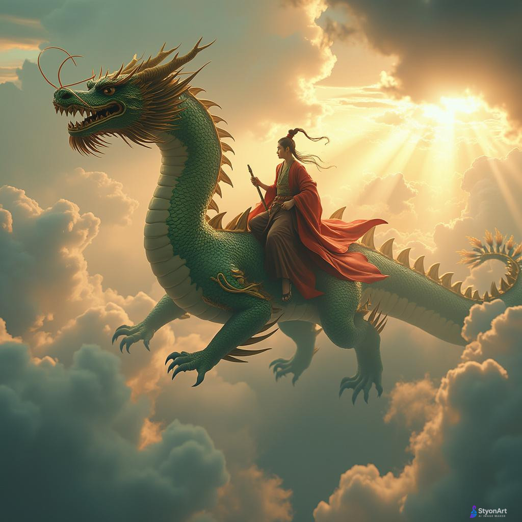 A Chinese warrior in traditional robes riding on the back of a majestic dragon soaring through the sky. The dragon’s shimmering green and golden scales reflect the sunlight as it glides between dramatic clouds. Rays of light break through the heavens, creating an epic and cinematic atmosphere. Ultra-detailed, fantasy style, high quality digital art, 8K resolution.