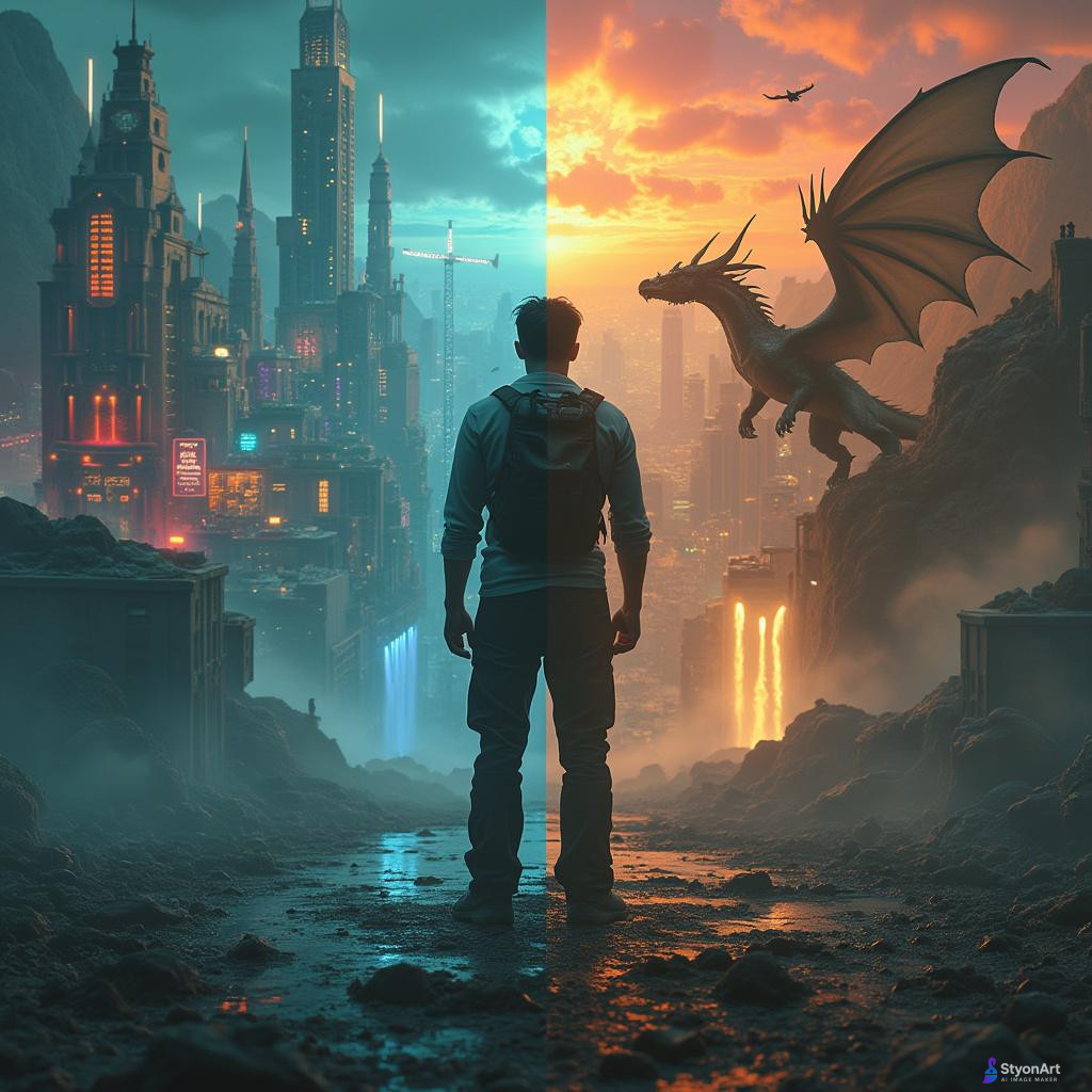 A person standing at the center, split into four quadrants, each representing a parallel universe. 1st universe: futuristic cyberpunk city with neon lights, flying cars, holograms. 2nd universe: medieval fantasy world with castles, dragons flying in the sky, and knights. 3rd universe: post-apocalyptic wasteland with ruins, fire, destroyed buildings, and survival gear. 4th universe: utopian paradise with floating islands, waterfalls in the sky, glowing nature, and advanced harmony. The person looks slightly different in each universe, adapted to its style. Cinematic lighting, ultra-detailed, highly realistic, 8K, concept art.