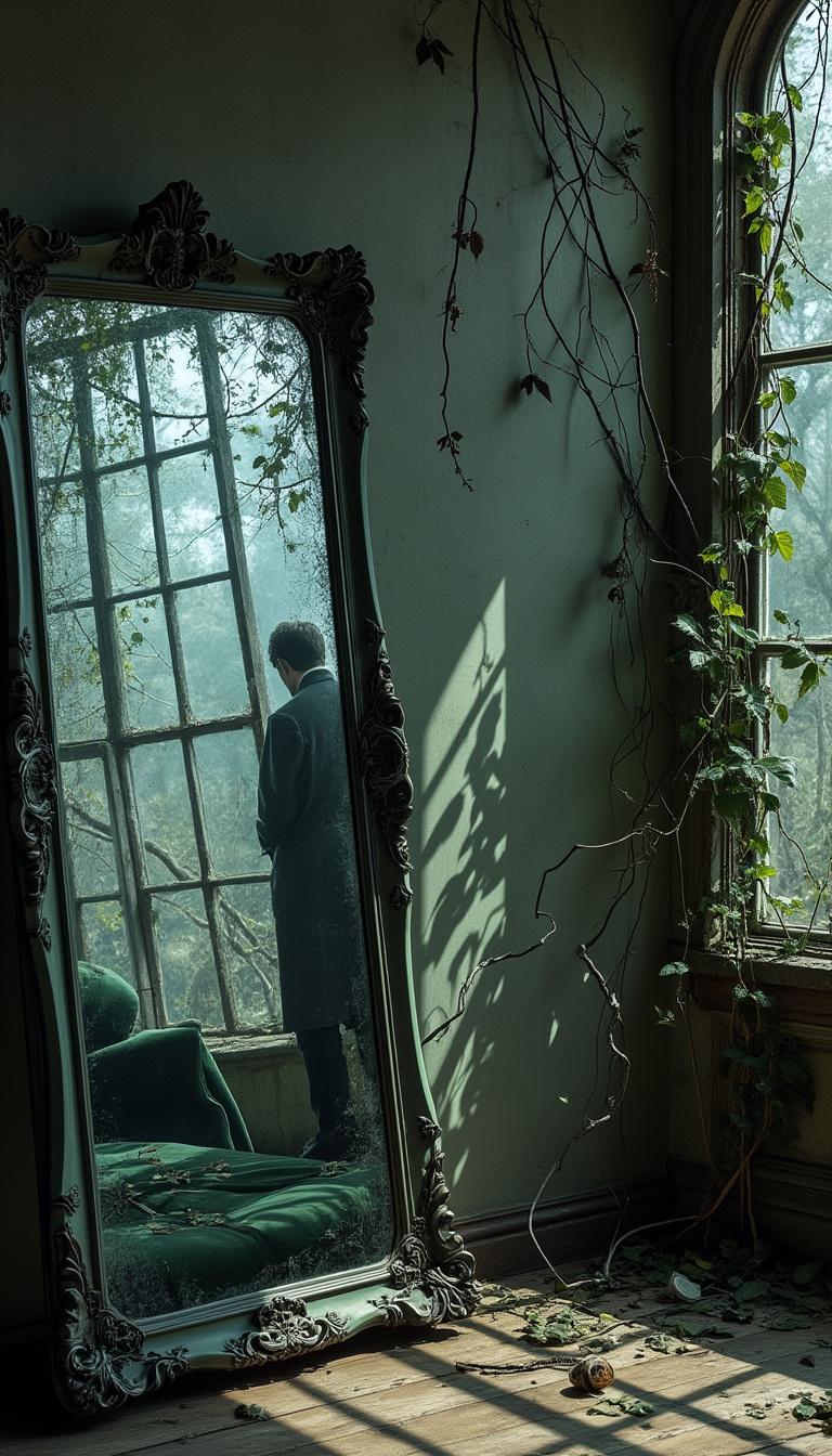 A full-length mirror, its edges framed in blackened silver and cracked like spiderwebs, leans against the wall of a decaying conservatory. Instead of a reflection, it shows a shadowy figure standing in a parallel version of the room—identical, yet subtly warped, where the overgrown ivy creeping through the broken glass is replaced by veins of dark, crystalline growths. The room itself is a relic of forgotten opulence: a velvet chaise, once deep emerald, now bleached to a ghostly sage, sags under the weight of time, while a grand arbor window frames a view of a garden frozen in perpetual twilight—trees with bark like aged parchment, their leaves suspended mid-fall in shades of muted slate and iron. On the floor, a scattering of objects—an antique key, a pocket watch with a face but no numbers, and a single, perfectly preserved camellia—casts elongated shadows that don’t quite match their forms. The air is thick with the scent of old paper and something faintly metallic, as if the mirror isn’t just a portal, but a wound in the fabric of the room itself. The colors are a symphony of restraint: soft charcoal, faded olive, the barest hint of oxidized copper, and the cool, distant blue of a moon that never sets