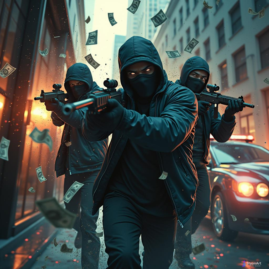 Masked robbers storming into a modern city bank with rifles, chaotic scene with broken glass and money flying, police sirens outside, getaway car waiting, cinematic lighting, gritty realism, dramatic tension, ultra-detailed, 8K resolution, masterpiece crime action scene
