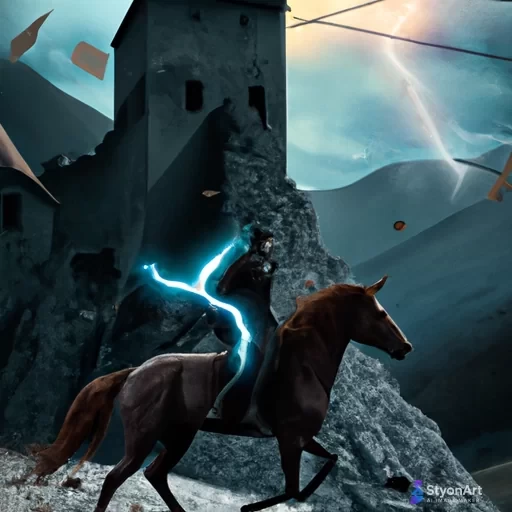 Un cavaler pe cal langa un castel pe varful muntelui