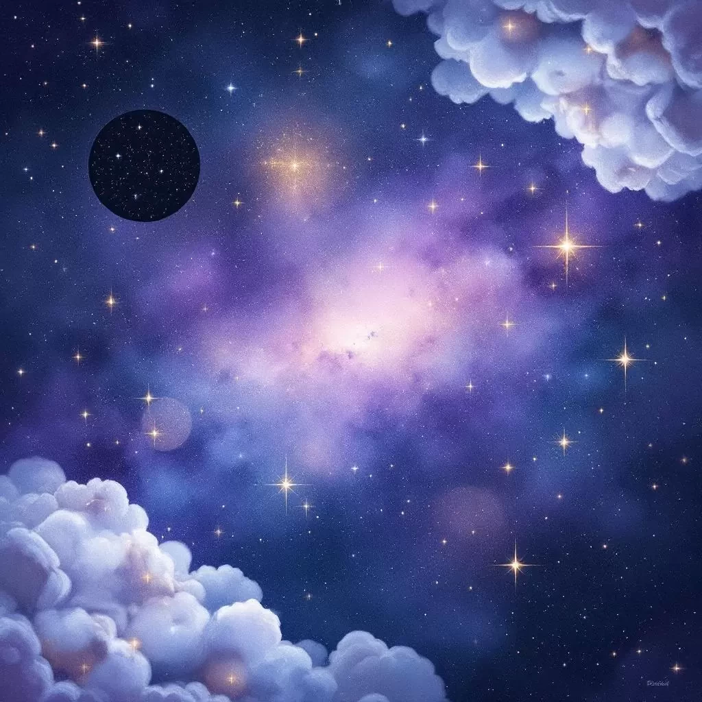 A dreamy, abstract galaxy-inspired watercolor background, deep navy and violet hues with hints of gold sparkles and soft clouds. The background should be slightly blurred in the center to allow a round, black star map to stand out on top. The design is elegant and minimal, with a modern cosmic atmosphere. Subtle gradients, no distracting details, high resolution, suitable for a romantic or personalized astronomy gift poster.