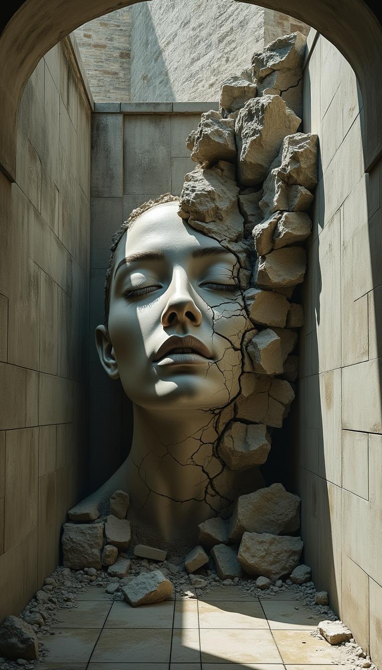 Surrealism, hyper-realistic: A monumental female face emerging from the end wall of a narrow concrete hallway. The face is cracked and fractured like dried earth or ancient stone, with closed eyes , evoking both fragility and power. Pieces of the wall crumble outward, as if the face has broken through the concrete structure. Light filters in from above, casting dramatic shadows across the tiled floor and emphasizing the textures of cracks and stone. Mood: haunting, architectural, dreamlike — blending portraiture with surreal ruin.