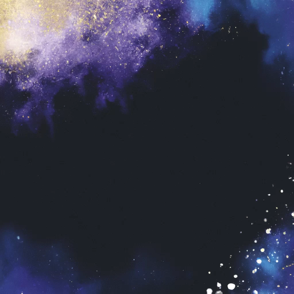 A dreamy, abstract galaxy-inspired watercolor background, deep navy and violet hues with hints of gold sparkles and soft clouds. The background should be slightly blurred in the center to allow a round, black star map to stand out on top. The design is elegant and minimal, with a modern cosmic atmosphere. Subtle gradients, no distracting details, high resolution, suitable for a romantic or personalized astronomy gift poster.