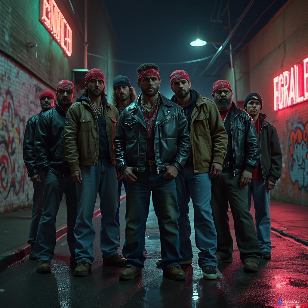 A violent street gang from 1990s America, standing on a dark urban street at night, wearing bandanas, leather jackets, baggy jeans, graffiti walls in the background, neon lights reflecting on wet asphalt, cinematic lighting, gritty atmosphere, ultra-detailed, 8K resolution, masterpiece crime drama style