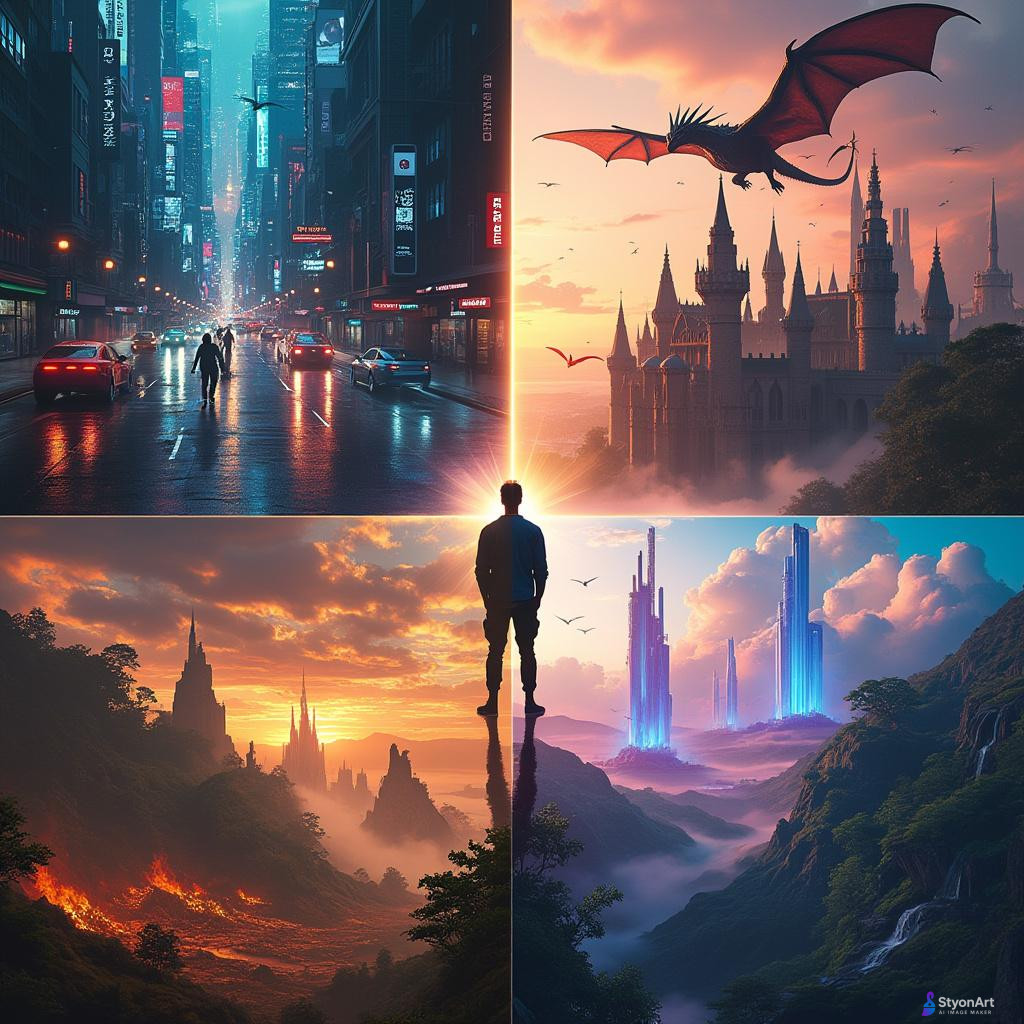 A single epic artwork showing a person standing at the center, split into four quadrants, each representing a different parallel universe. 1st Universe (Top Left): Futuristic cyberpunk city glowing with neon lights, flying cars, holograms, and rainy streets. 2nd Universe (Top Right): Medieval fantasy realm with towering castles, dragons soaring in the sky, armored knights, and warm sunset tones. 3rd Universe (Bottom Left): Post-apocalyptic wasteland with ruins, fire, destroyed skyscrapers, dust, and survival gear. 4th Universe (Bottom Right): Utopian paradise with floating islands, waterfalls in the sky, glowing plants, and peaceful advanced civilization. The person in the center slightly changes appearance in each universe, reflecting its environment and culture. Ultra-detailed, cinematic lighting, high contrast, realistic textures, epic concept art, 8K ultra resolution, perfect symmetry, storytelling composition.