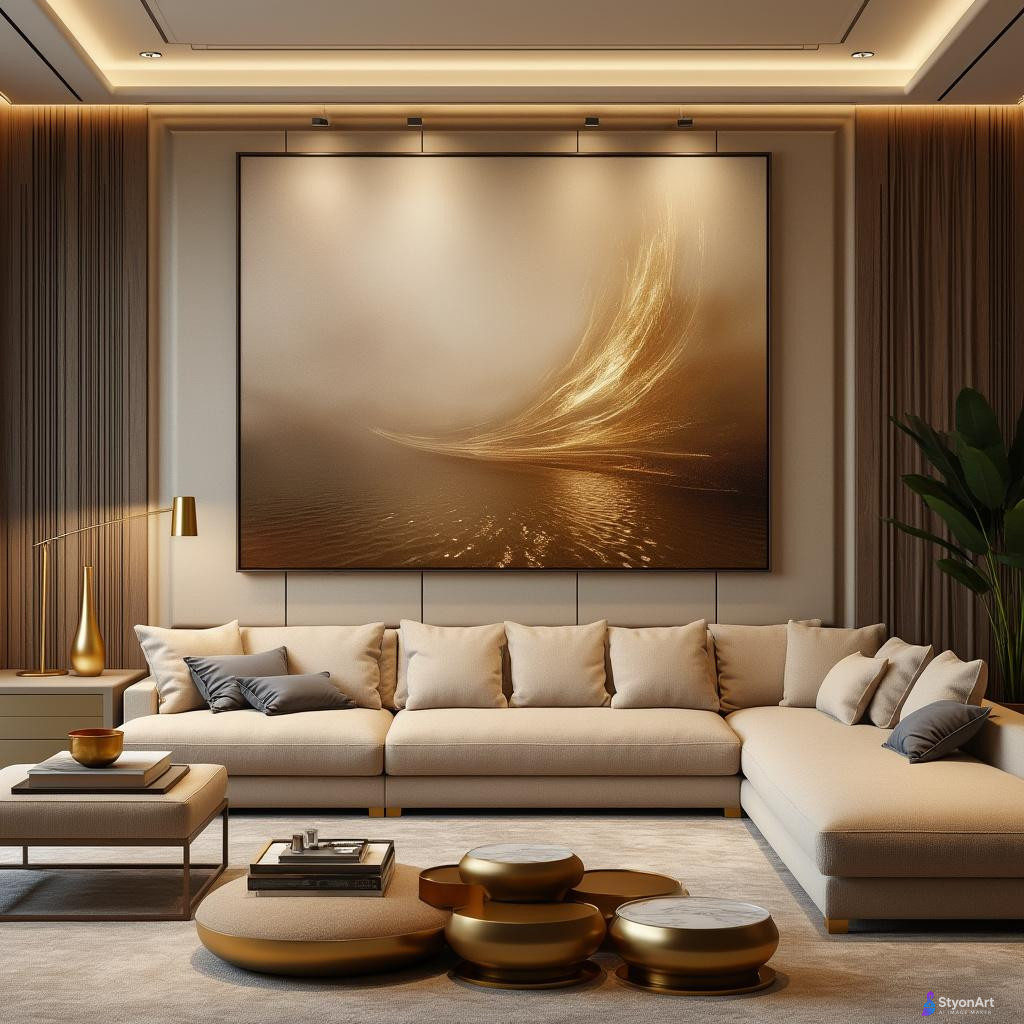 luxury modern living room with large StyonArt wall art above a beige sofa, soft warm lighting, elegant textures, gold accents, minimalistic decor, cinematic photography, 8K ultra realistic
