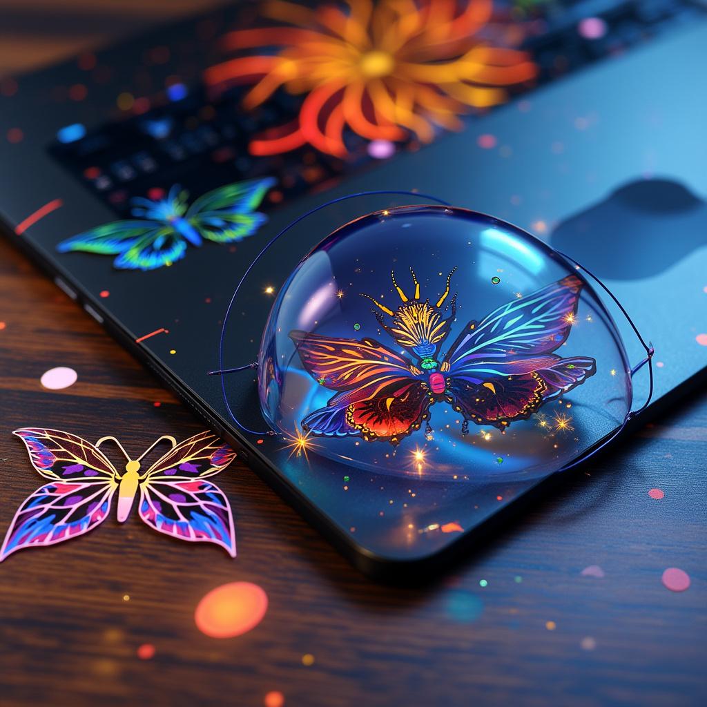 Imagine pătrată, ultra-premium, pentru hero Stykart. Close-up artistic cu mai multe stickere UV transparente, aplicate pe laptop, telefon, agendă și sticlă de apă, toate pe o suprafață elegantă (ex: birou din lemn sau marmură). Stickerele au design-uri moderne: geometrie, simboluri business, artă digitală, efect lucios și reflexii UV reale. Fundal blurat, gradient subtil, vibe luxury-tech. Totul super clar, fără margini albe, focus pe detaliu și calitate. Text „Stykart” discret jos, modern. Imagine wow, care inspiră creativitate, profesionalism și dorință de cumpărare. Rezoluție 8K.