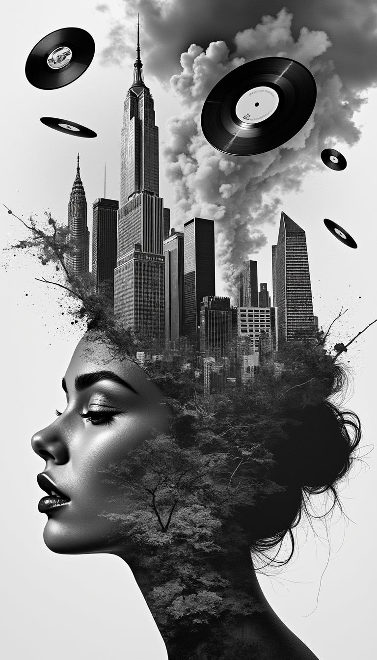 Surrealist mixed-media portrait: The profile of a beautiful woman’s face, rendered in monochrome, blends seamlessly with an urban cityscape. Skyscrapers and smoke clouds rise from her head like thoughts turning into architecture. Abstract textures of cracked earth and paint drips cascade across her skin, fusing the organic with the industrial. Floating vinyl records and spinning discs orbit around her head like celestial symbols of sound, adding rhythm and motion. The composition is layered, fragmented, and dynamic — a poetic collision of music, city, and human identity. Style: surreal collage, painterly yet graphic, bold and modern.