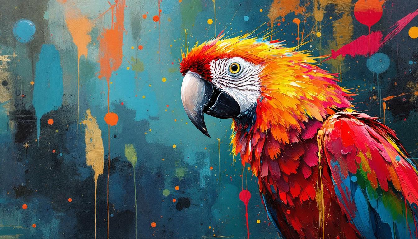Impasto oil painting in the style of splash dripping paint art of a tropical parrot on textured paper