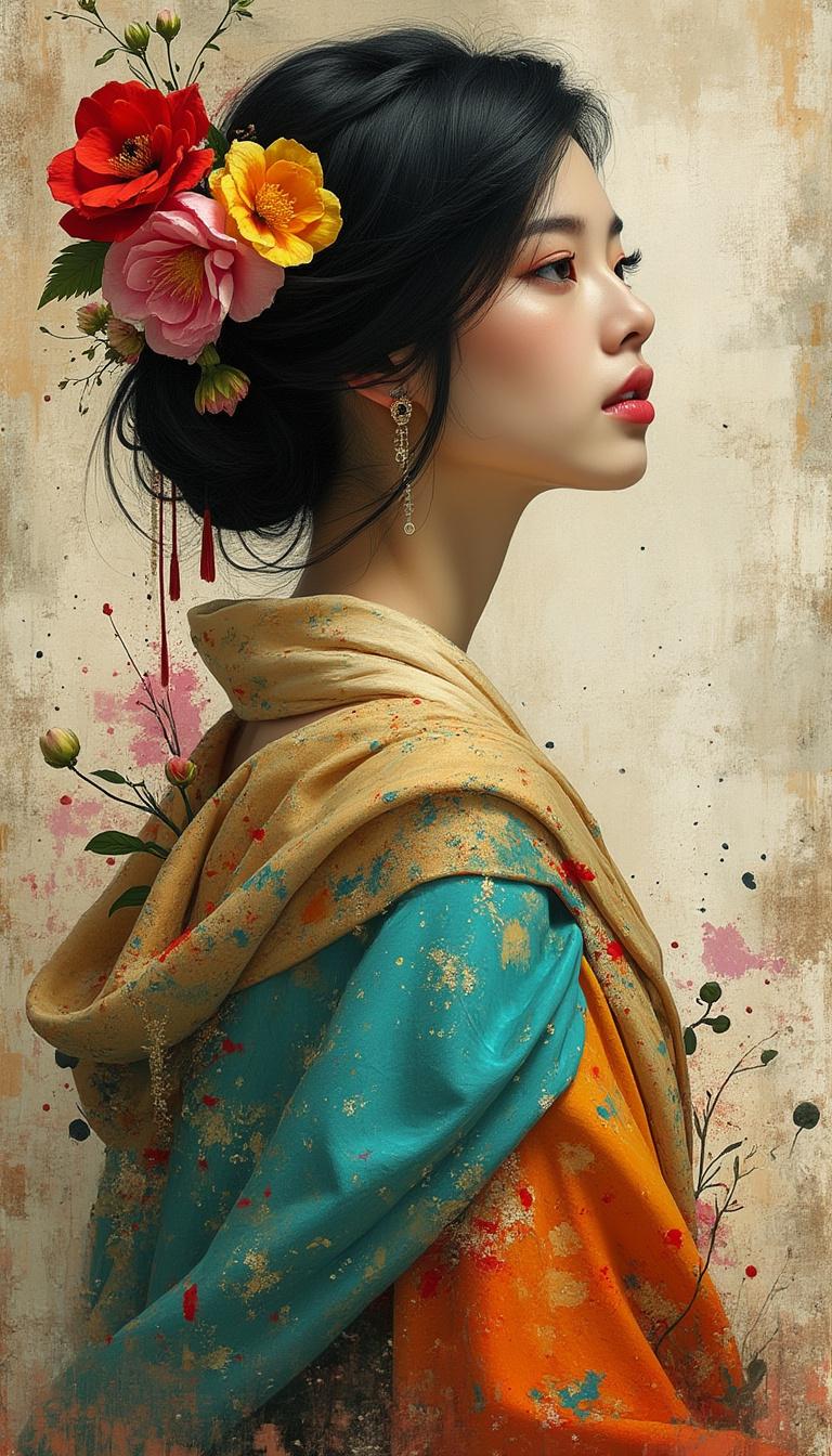 Portrait of a beautiful woman in profile, her expression serene and contemplative. Her dark hair is styled elegantly, adorned with vivid flowers in red, pink, and yellow, each painted with delicate texture. She wears an ornate robe in turquoise, orange, and gold, flowing with painterly splashes and abstract textures. The background is softly weathered, blending muted tones with scattered bursts of paint and ink-like splatters, creating a sense of layered canvas. The mood is elegant, timeless, and poetic — a fusion of realism and expressive abstract brushwork
