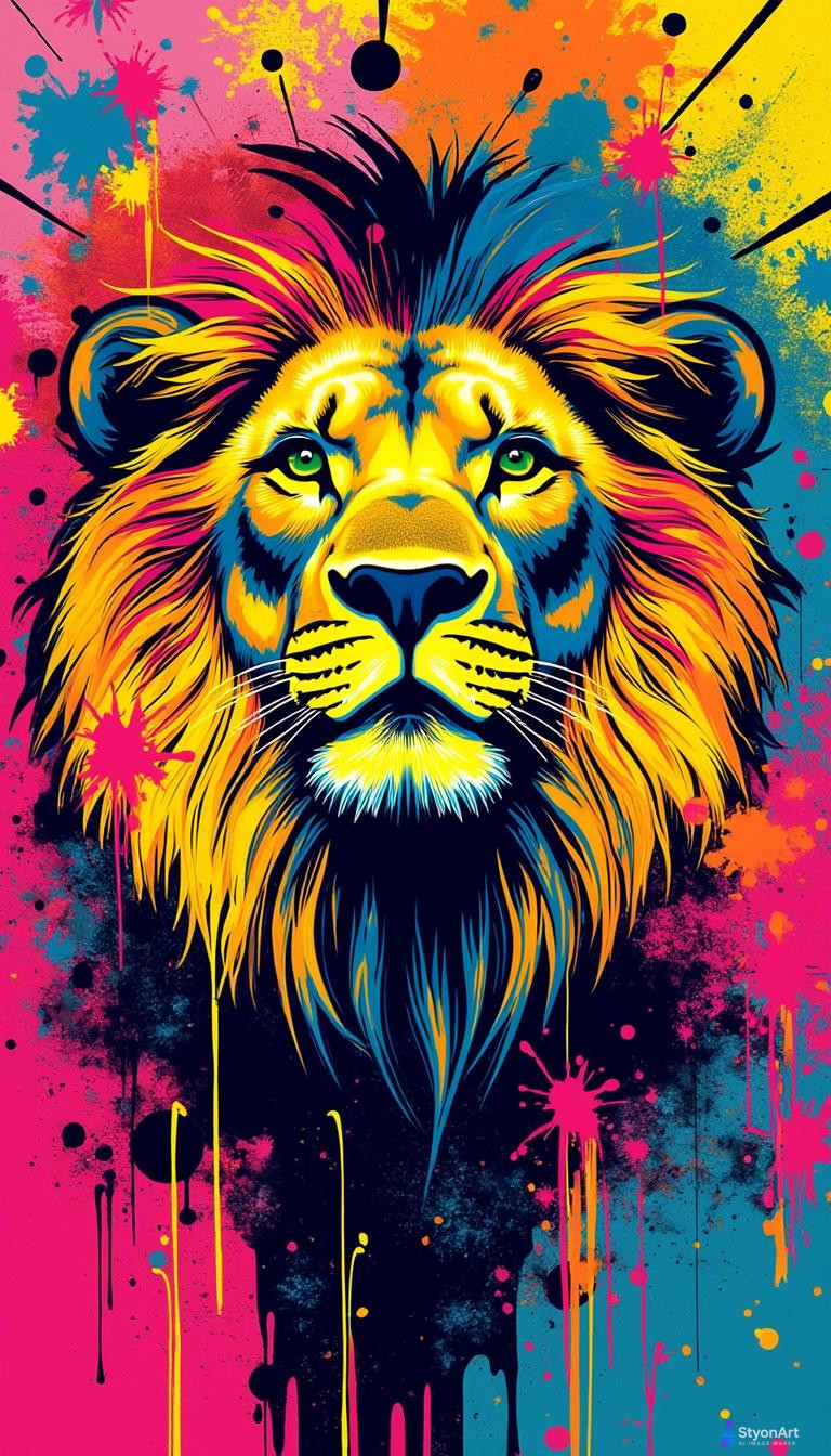 pop art lion with graffiti elements and neon colors, modern street art style, bold outlines, splashes of paint, vibrant background, Banksy-inspired, expressive and trendy composition