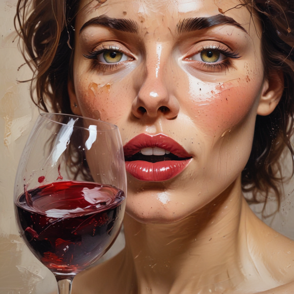 Impasto oil splash abstract painting on rough textured paper of a woman's face looking slightly drunk drinking a glass of wine.