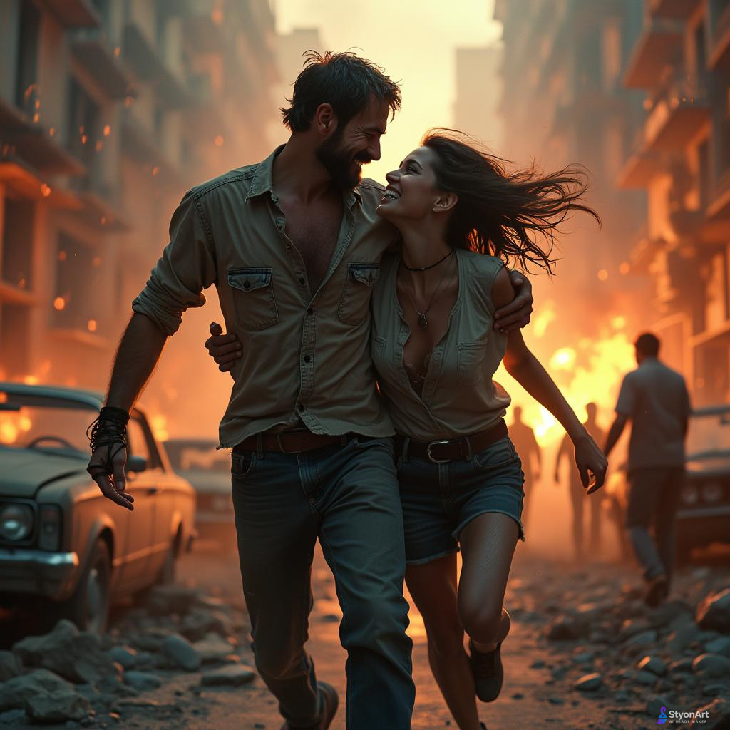 A man and a woman finally reunite in the middle of a zombie apocalypse. The ruined city around them burns with fire and smoke, abandoned cars and destroyed buildings everywhere. In the distance, silhouettes of zombies lurk in the shadows. Despite the chaos, they run into each other’s arms, holding tightly, eyes filled with relief and love. Their clothes are torn and dirty, but their faces glow with hope. Cinematic lighting, dramatic contrast between destruction and love, ultra-detailed, highly realistic, emotional post-apocalyptic concept art, 8K.