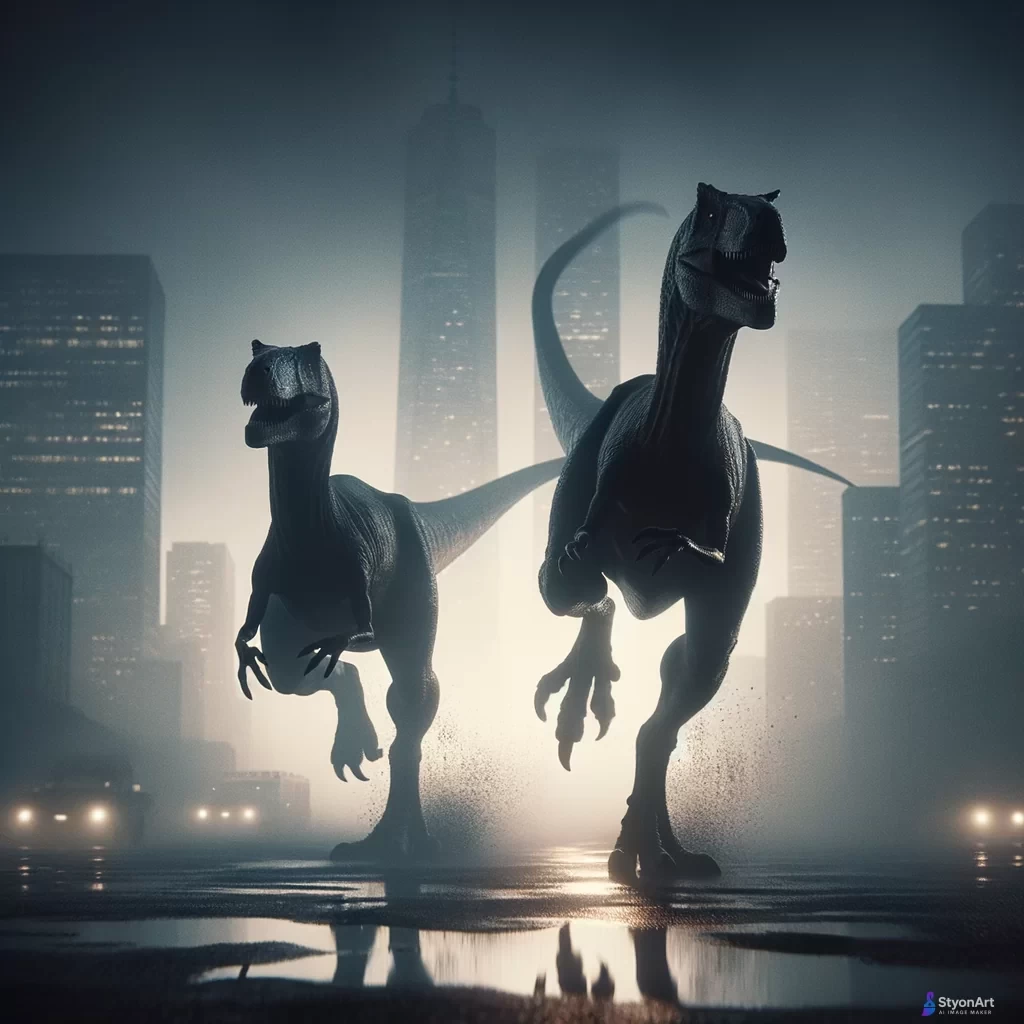 Doi dinozauri care alearga catre un oras