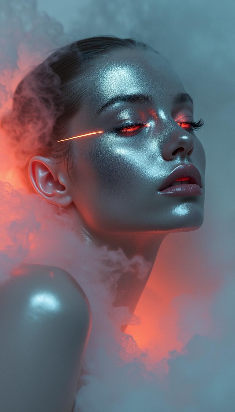 Portrait of a beautiful woman emerging from mist, her face metallic and otherworldly, glowing softly like liquid silver. Subtle red-orange light streaks glimmer across her features, casting surreal reflections along her smooth, sculpted skin. Wisps of fog drift around her, partially obscuring the form, as if she exists between reality and dream. The atmosphere is cinematic, ethereal, and futuristic — mysterious yet elegant. Style: painterly realism, soft cinematic lighting, surreal sci-fi portrait.