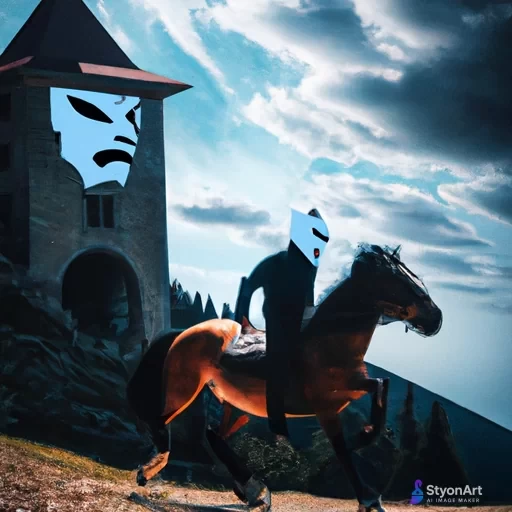 Un cavaler pe cal langa un castel pe varful muntelui