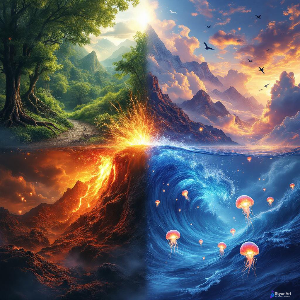 One powerful artwork divided into four quadrants: 🌍 Earth: lush forest, roots, and mountains. 💨 Air: sky full of clouds, birds, wind currents. 🔥 Fire: volcano eruption, glowing lava, sparks. 💧 Water: deep ocean, waves, and glowing jellyfish. Hyper-detailed, fantasy realism, cinematic color grading, 8K ultra-HD, majestic and spiritual tone.