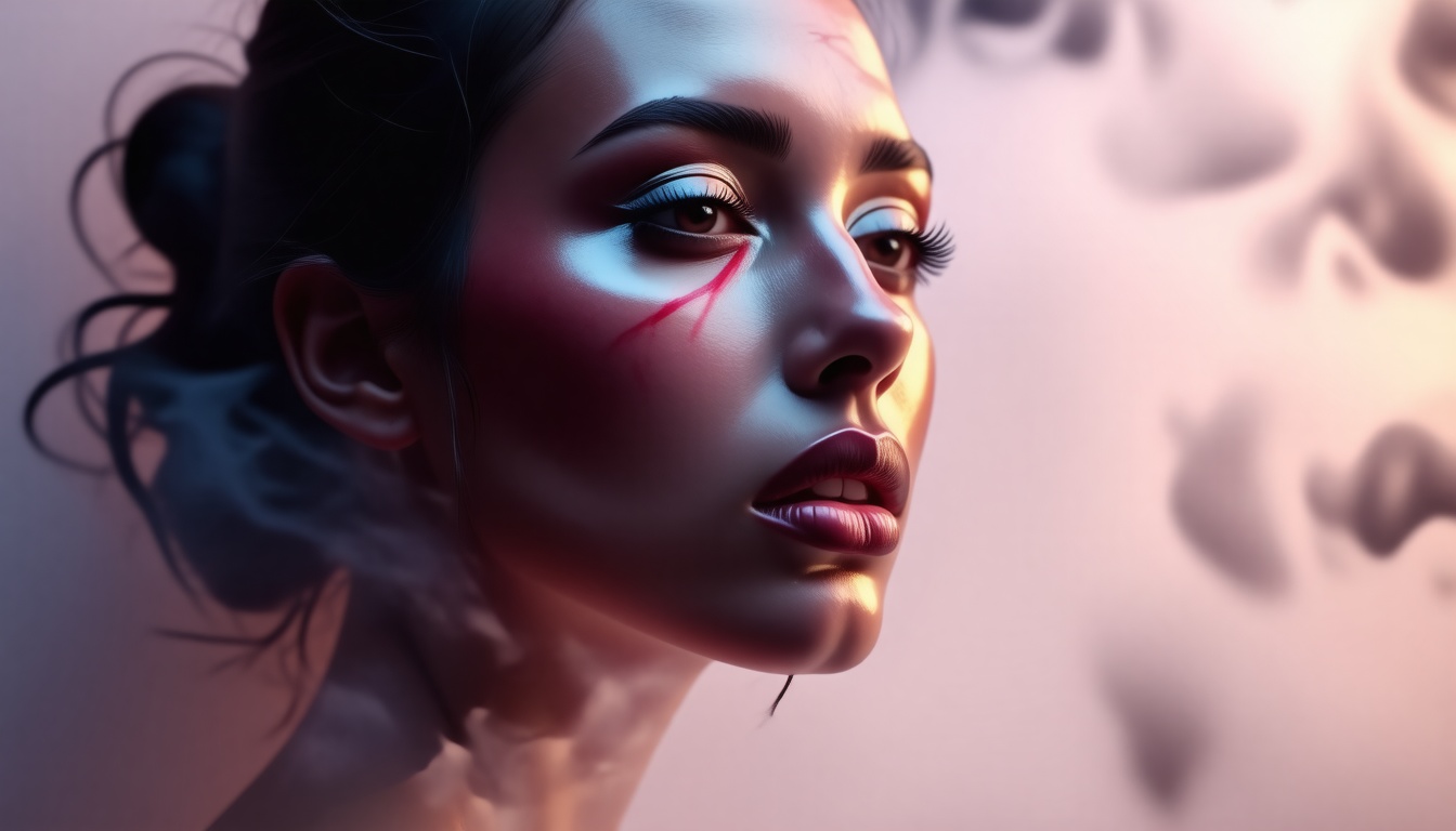 Portrait of a beautiful woman emerging from mist, her face metallic and otherworldly, glowing softly like liquid silver. Subtle red-orange light streaks glimmer across her features, casting surreal reflections along her smooth, sculpted skin. Wisps of fog drift around her, partially obscuring the form, as if she exists between reality and dream. The atmosphere is cinematic, ethereal, and futuristic — mysterious yet elegant. Style: painterly realism, soft cinematic lighting, surreal sci-fi portrait.