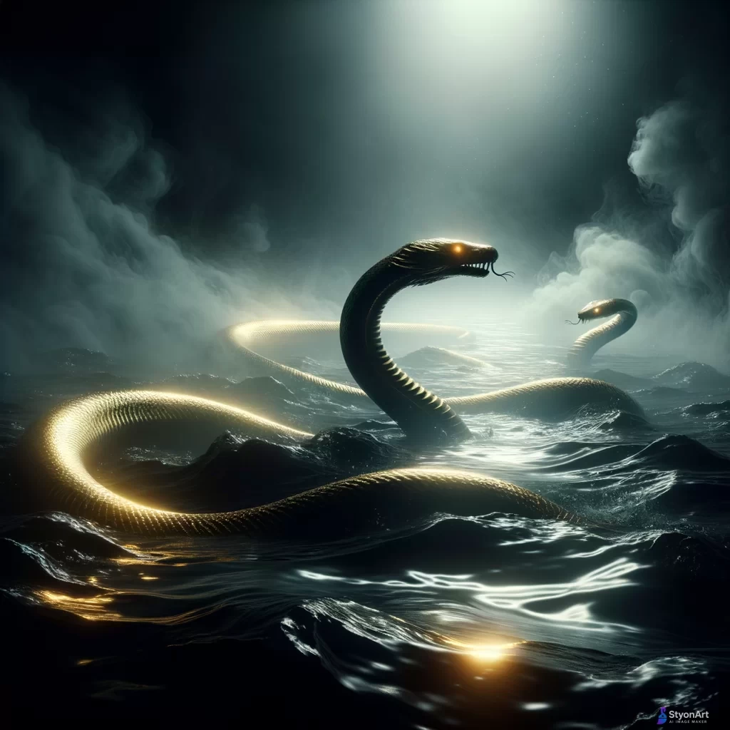 Two gold snakes swiming in black sea