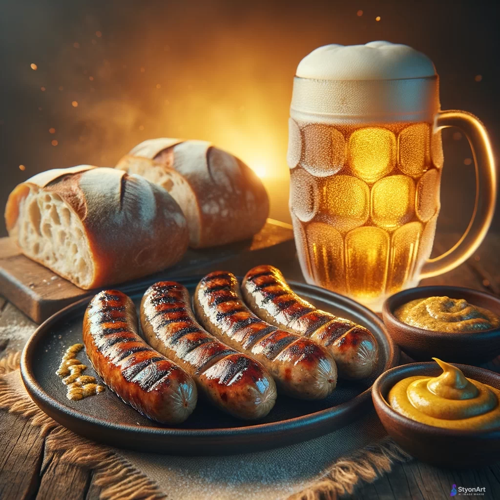 "Ultra-realistic modern food photography combined with painterly lighting, featuring three perfectly grilled Romanian mici (skinless sausages) with rich, juicy texture and grill marks, served on a dark rustic ceramic plate with a swirl of golden mustard on the side. Next to them, a fresh crusty loaf of bread, partially sliced, and a large frosty glass mug of golden beer with thick creamy foam, condensation visible on the glass. Background is warm, blurred, and softly lit with golden sunset tones, creating a cozy yet elegant atmosphere. Photorealistic details, cinematic depth of field, perfect composition, high dynamic range, 8K resolution, professional food styling, hyper-detailed textures, vibrant yet natural colors."