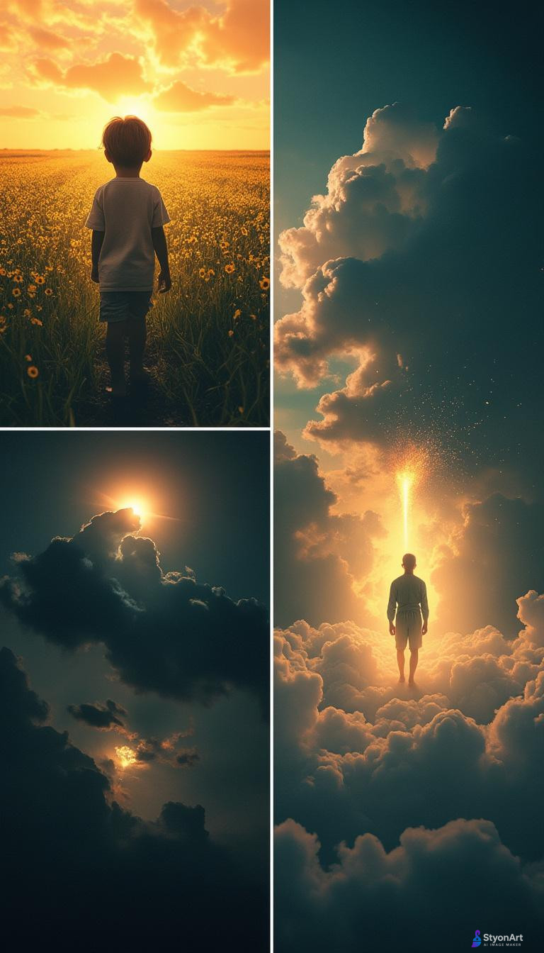Four symbolic stages of the human spirit: 1️⃣ Innocence: a child under a sunrise field. 2️⃣ Challenge: a storm, the same person walking through chaos. 3️⃣ Awakening: emerging from darkness, holding light. 4️⃣ Transcendence: glowing figure rising above the clouds, peaceful aura. Artistic surrealism, emotional storytelling, light and shadow balance, cinematic tone, perfect for fine art wall decor.