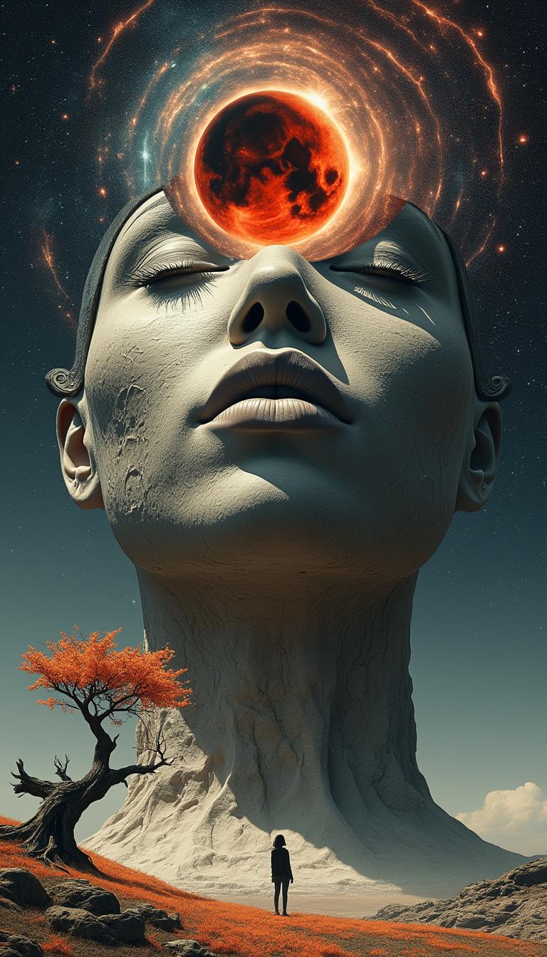 Portrait of a beautiful woman, surrealism: Her serene face emerges as a monumental celestial form, carved from stone and etched with cosmic textures, craters, and swirling galaxies. Her eyes are closed in quiet transcendence, as if dreaming the universe itself. Behind her, a blood-red eclipse burns in the star-filled sky, radiating spirals of energy. A lone human figure stands at the base of her colossal form, dwarfed by her scale, gazing upward in awe. The landscape is barren yet luminous, with twisted trees and glowing orange blossoms scattered across the ground. Mood: cosmic, dreamlike, mythic, poetic.