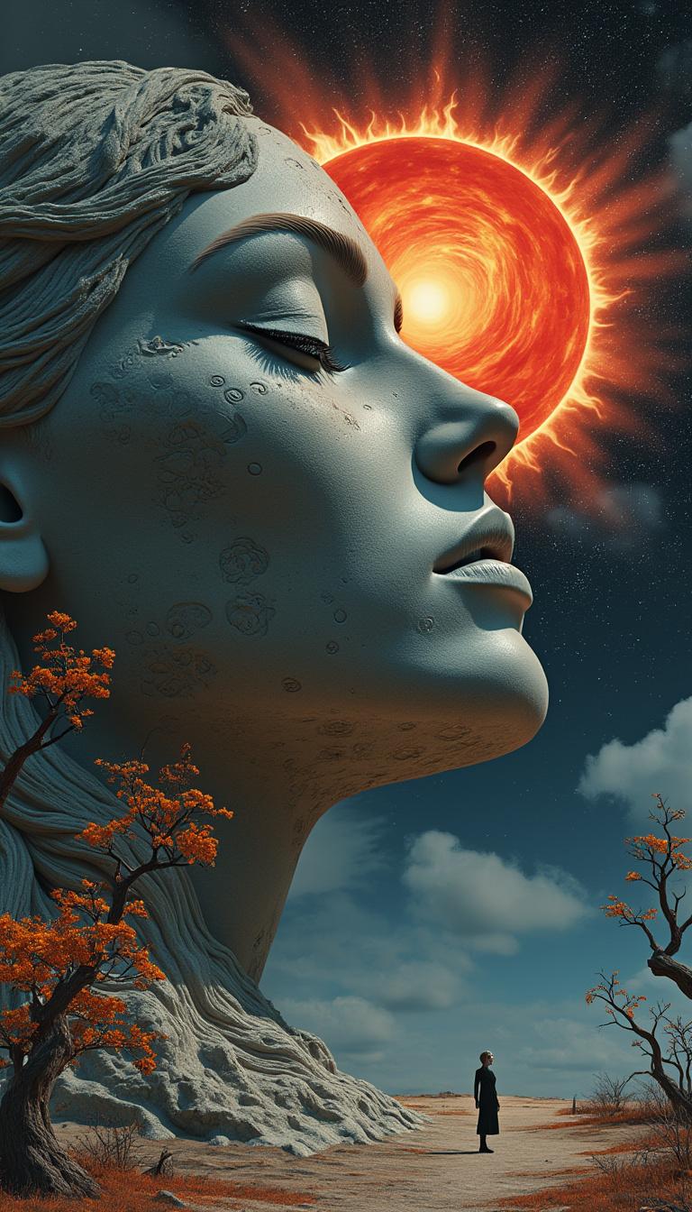 Portrait of a beautiful woman, surrealism: Her serene face emerges as a monumental celestial form, carved from stone and etched with cosmic textures, craters, and swirling galaxies. Her eyes are closed in quiet transcendence, as if dreaming the universe itself. Behind her, a blood-red eclipse burns in the star-filled sky, radiating spirals of energy. A lone human figure stands at the base of her colossal form, dwarfed by her scale, gazing upward in awe. The landscape is barren yet luminous, with twisted trees and glowing orange blossoms scattered across the ground. Mood: cosmic, dreamlike, mythic, poetic.