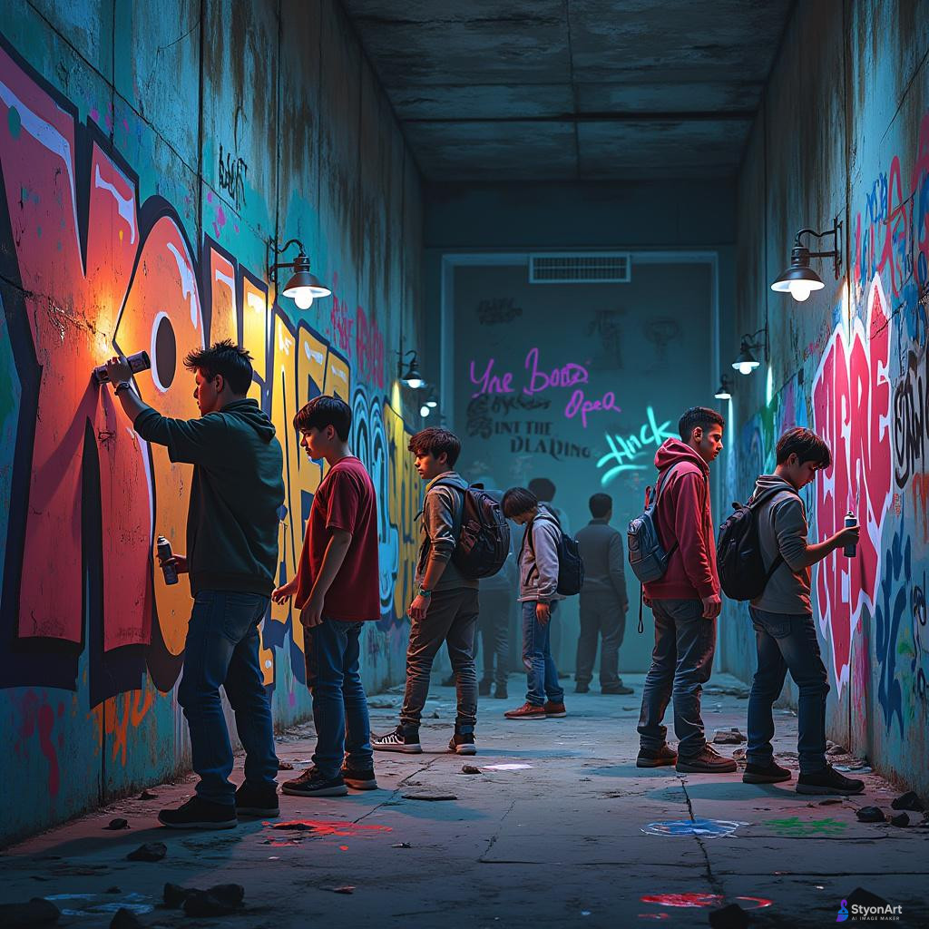 roup of teenagers with spray cans creating graffiti on an abandoned building, colorful murals spreading across cracked walls, night scene with neon reflections, urban rebellious vibe, highly detailed, cinematic atmosphere, digital art, masterpiece