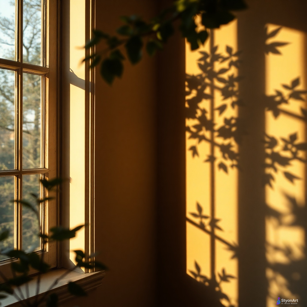 sunlight streaming through a window, StyonArt painting on the wall, shadows of leaves dancing, cozy artistic atmosphere, high detail, shallow depth of field, editorial style photo