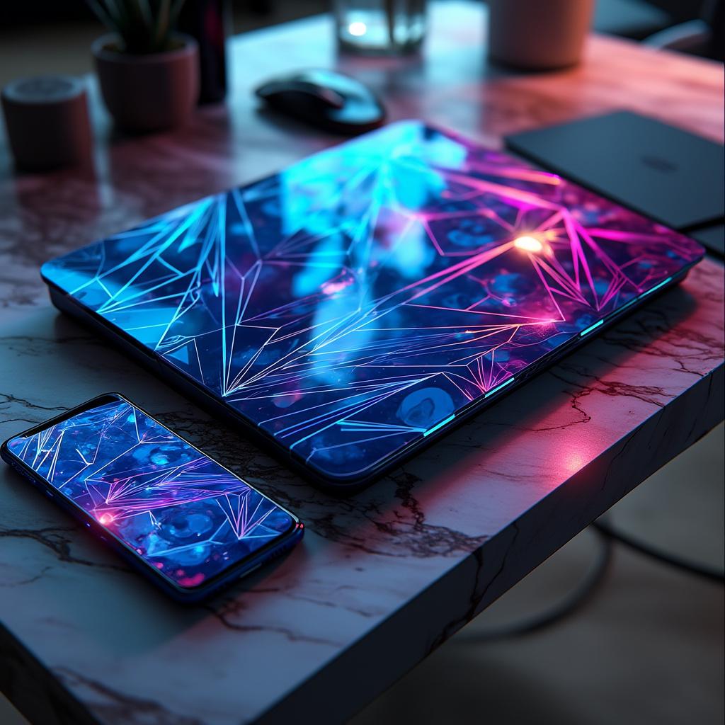 Imagine pătrată, ultra-premium, pentru hero Stykart. Close-up artistic cu mai multe stickere UV transparente, aplicate pe laptop, telefon, agendă și sticlă de apă, toate pe o suprafață elegantă (ex: birou din lemn sau marmură). Stickerele au design-uri moderne: geometrie, simboluri business, artă digitală, efect lucios și reflexii UV reale. Fundal blurat, gradient subtil, vibe luxury-tech. Totul super clar, fără margini albe, focus pe detaliu și calitate. Text „Stykart” discret jos, modern. Imagine wow, care inspiră creativitate, profesionalism și dorință de cumpărare. Rezoluție 8K.