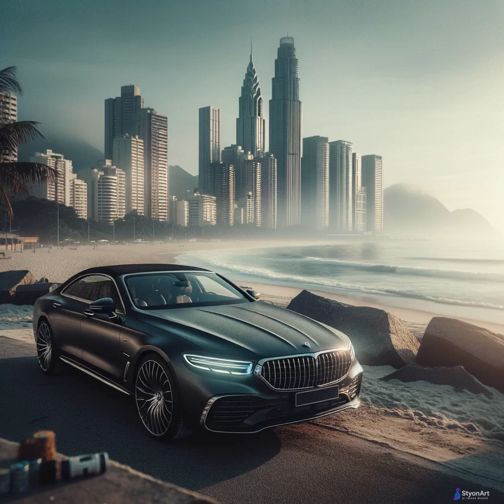 O masina de lux langa o plaja in dubai iar in spate cladiri inalte