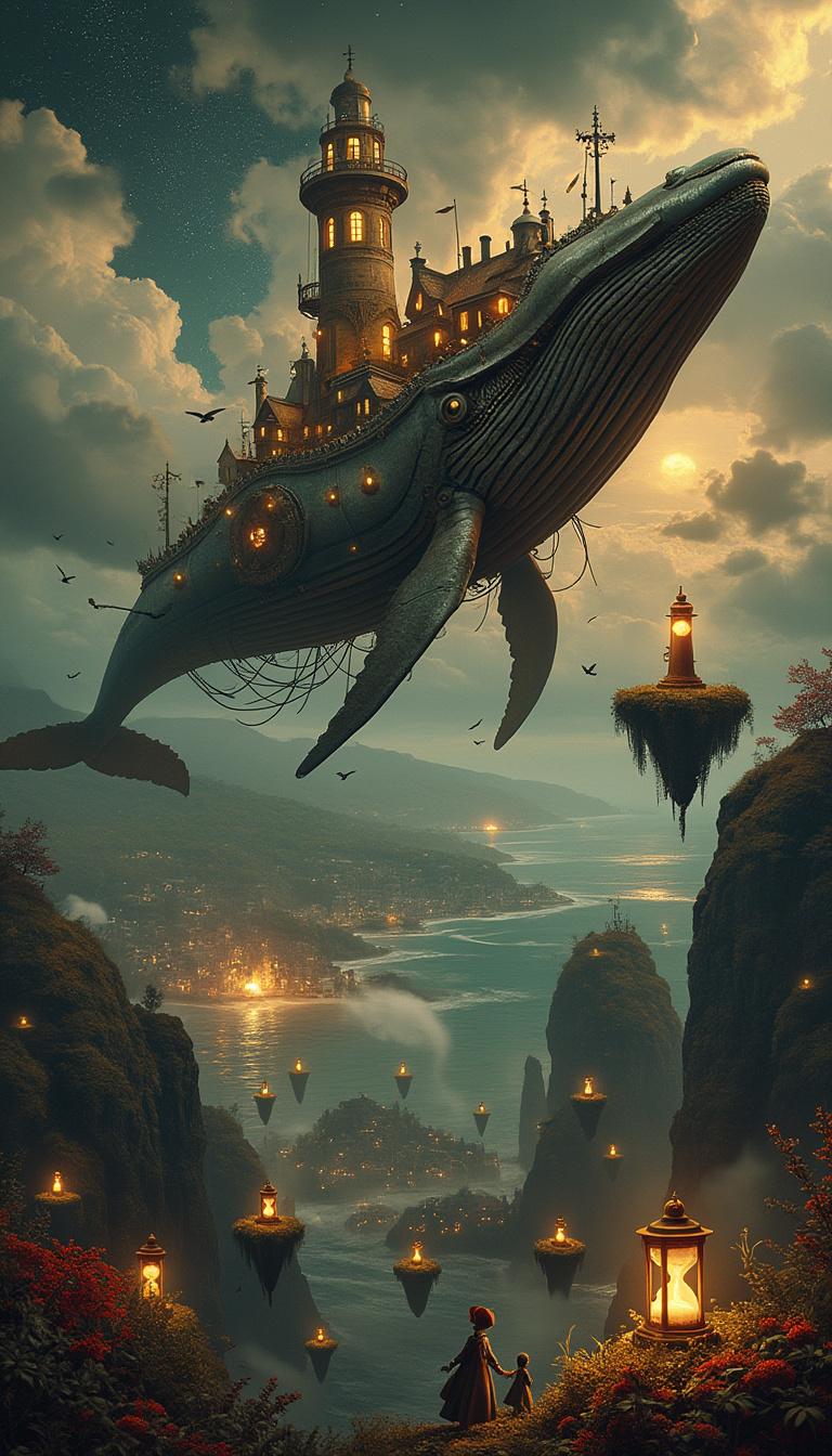 A colossal, ancient clockwork whale swims through a stormy sky, its brass gears turning as it carries a tiny, glowing village on its back. Below, an endless ocean of floating books drifts between islands made of giant, levitating hourglasses. The horizon is split between a blood-red sunset and a starry night, with a lone lighthouse standing on a floating rock, its beam cutting through the clouds like a blade. The scene is bathed in an eerie, golden light, with tiny figures in Victorian attire tending to the village gardens, oblivious to the surreal world around them. The atmosphere is dreamlike, with a sense of both wonder and impending mystery.