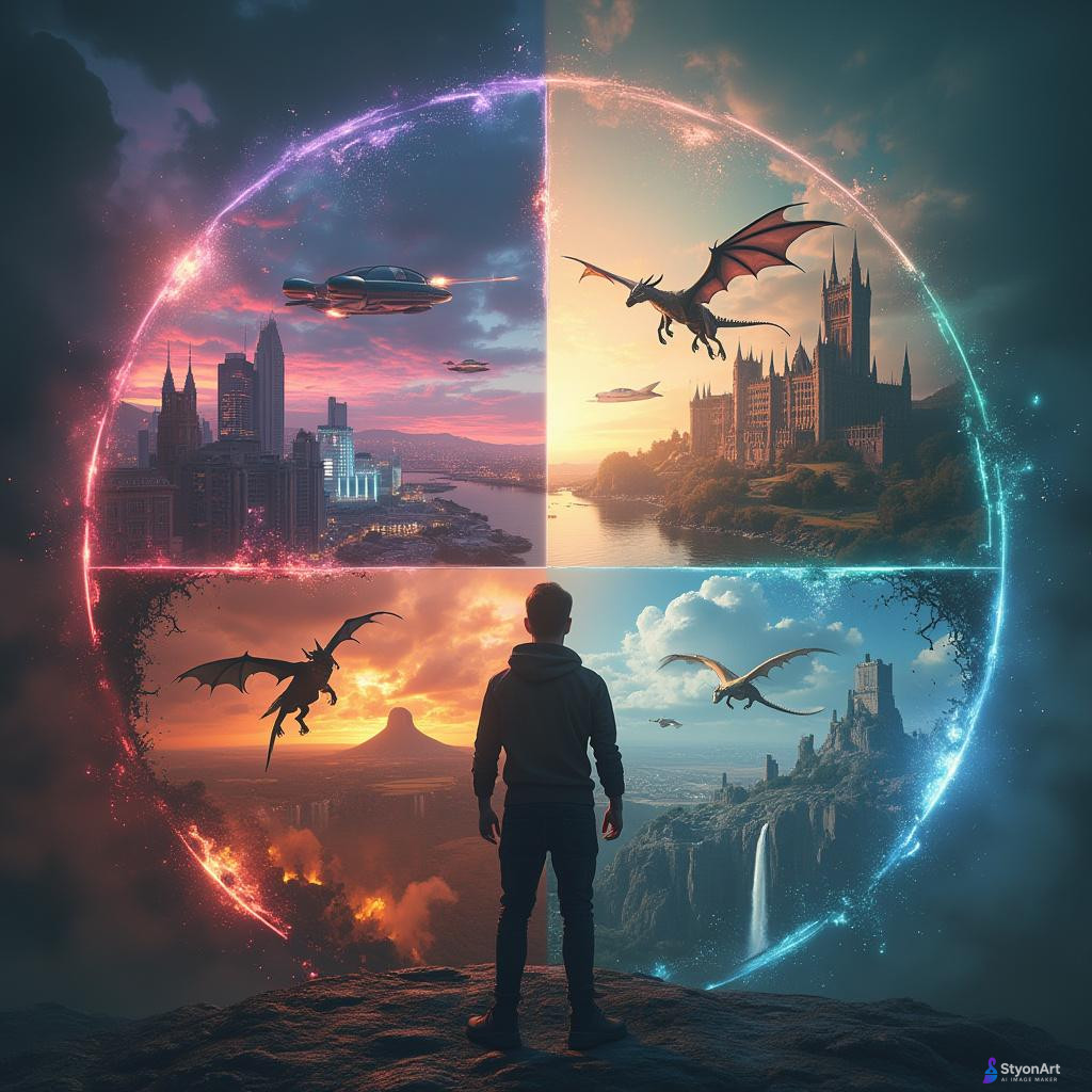A person standing at the center, split into four quadrants, each representing a parallel universe. 1st universe: futuristic cyberpunk city with neon lights, flying cars, holograms. 2nd universe: medieval fantasy world with castles, dragons flying in the sky, and knights. 3rd universe: post-apocalyptic wasteland with ruins, fire, destroyed buildings, and survival gear. 4th universe: utopian paradise with floating islands, waterfalls in the sky, glowing nature, and advanced harmony. The person looks slightly different in each universe, adapted to its style. Cinematic lighting, ultra-detailed, highly realistic, 8K, concept art.