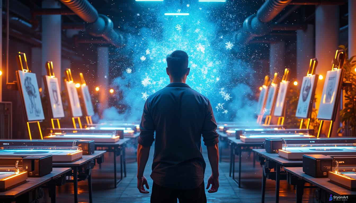 a powerful digital artwork showing a man standing in front of glowing printers and canvases, surrounded by light, creativity and innovation energy, representing artistic creation and success, ultra detailed, cinematic lighting, futuristic design studio, particles of gold and blue light, inspiring atmosphere, symbol of power and manifestation, 8K masterpiece