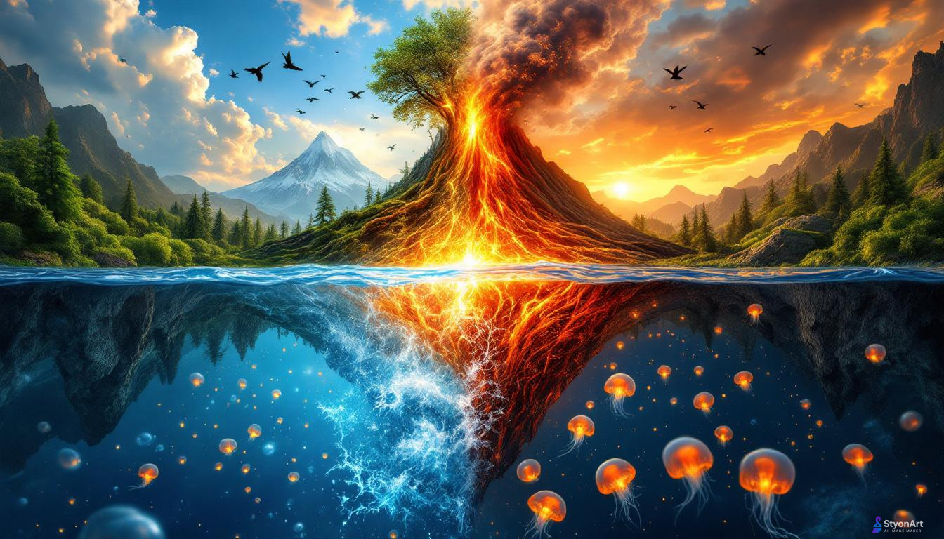 One powerful artwork divided into four quadrants: 🌍 Earth: lush forest, roots, and mountains. 💨 Air: sky full of clouds, birds, wind currents. 🔥 Fire: volcano eruption, glowing lava, sparks. 💧 Water: deep ocean, waves, and glowing jellyfish. Hyper-detailed, fantasy realism, cinematic color grading, 8K ultra-HD, majestic and spiritual tone.