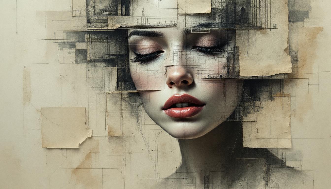 Portrait of a beautiful woman, abstract and fragmented, her face partially obscured by textured paper layers and rough sketch-like lines. The portrait is integrated into a collage of architectural drawings, worn parchment, and distressed surfaces. The skin is not smooth but etched with expressive cross-hatching and textured shadows, blending seamlessly into the background. Mood: mysterious, raw, and artistic — a balance of beauty and imperfection.