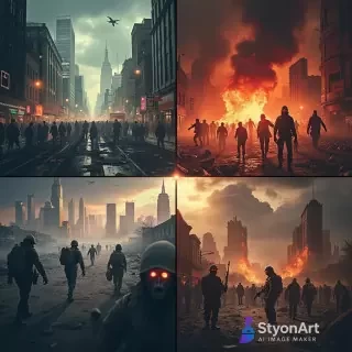 The Four Stages of the Zombie Apocalypse, illustrated in one epic artwork, split into four scenes/quadrants: 1st Stage – Outbreak: A modern city, people panicking in the streets, sirens, news broadcasts about infection, first infected with glowing eyes. 2nd Stage – Collapse: Chaos everywhere, burning buildings, soldiers fighting hordes of zombies, streets covered in debris, survivors running for their lives. 3rd Stage – Survival: A desolate wasteland, abandoned cars, destroyed skyscrapers, small groups of survivors hiding in ruins, zombies wandering aimlessly. 4th Stage – Domination: The world completely taken over, cities in ruins overtaken by nature, hordes of zombies ruling the streets, only a few humans left in hiding, atmosphere dark and hopeless. Cinematic style, highly detailed, ultra realistic, dramatic lighting, 8K, apocalyptic concept art.