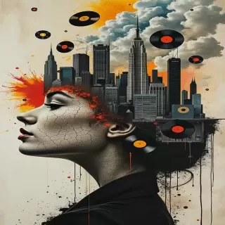 Surrealist mixed-media, color portrait: The profile of a beautiful woman’s face, blends seamlessly with an urban cityscape. Skyscrapers and smoke clouds rise from her head like thoughts turning into architecture. Abstract textures of cracked earth and paint drips cascade across her skin, fusing the organic with the industrial. Floating vinyl records and spinning discs orbit around her head like celestial symbols of sound, adding rhythm and motion. The composition is layered, fragmented, and dynamic — a poetic collision of music, city, and human identity. Style: surreal collage, painterly yet graphic, bold and modern.