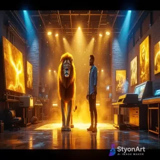 a powerful digital artwork showing a majestic golden lion standing beside a modern art designer in a glowing creative studio filled with futuristic printers, canvases and lights, symbolizing strength, creativity and success; the room is illuminated by golden and blue energy particles, cinematic lighting, ultra detailed, modern art aesthetic, 8K resolution, inspiring atmosphere, masterpiece wallpaper