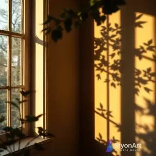 sunlight streaming through a window, StyonArt painting on the wall, shadows of leaves dancing, cozy artistic atmosphere, high detail, shallow depth of field, editorial style photo