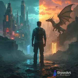 A person standing at the center, split into four quadrants, each representing a parallel universe. 1st universe: futuristic cyberpunk city with neon lights, flying cars, holograms. 2nd universe: medieval fantasy world with castles, dragons flying in the sky, and knights. 3rd universe: post-apocalyptic wasteland with ruins, fire, destroyed buildings, and survival gear. 4th universe: utopian paradise with floating islands, waterfalls in the sky, glowing nature, and advanced harmony. The person looks slightly different in each universe, adapted to its style. Cinematic lighting, ultra-detailed, highly realistic, 8K, concept art.