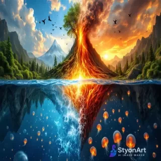 One powerful artwork divided into four quadrants: 🌍 Earth: lush forest, roots, and mountains. 💨 Air: sky full of clouds, birds, wind currents. 🔥 Fire: volcano eruption, glowing lava, sparks. 💧 Water: deep ocean, waves, and glowing jellyfish. Hyper-detailed, fantasy realism, cinematic color grading, 8K ultra-HD, majestic and spiritual tone.
