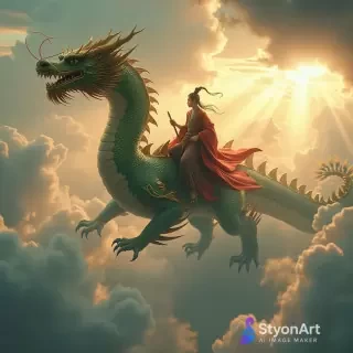 A Chinese warrior in traditional robes riding on the back of a majestic dragon soaring through the sky. The dragon’s shimmering green and golden scales reflect the sunlight as it glides between dramatic clouds. Rays of light break through the heavens, creating an epic and cinematic atmosphere. Ultra-detailed, fantasy style, high quality digital art, 8K resolution.
