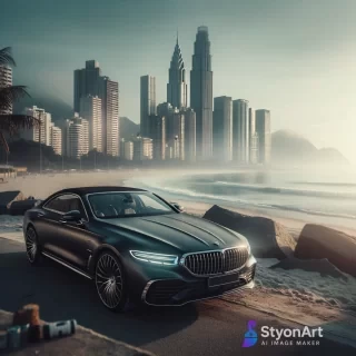 O masina de lux langa o plaja in dubai iar in spate cladiri inalte