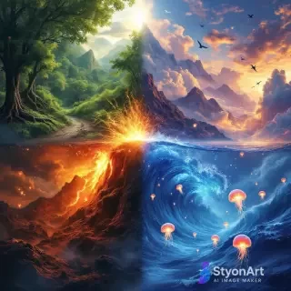 One powerful artwork divided into four quadrants: 🌍 Earth: lush forest, roots, and mountains. 💨 Air: sky full of clouds, birds, wind currents. 🔥 Fire: volcano eruption, glowing lava, sparks. 💧 Water: deep ocean, waves, and glowing jellyfish. Hyper-detailed, fantasy realism, cinematic color grading, 8K ultra-HD, majestic and spiritual tone.