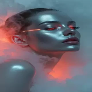 Portrait of a beautiful woman emerging from mist, her face metallic and otherworldly, glowing softly like liquid silver. Subtle red-orange light streaks glimmer across her features, casting surreal reflections along her smooth, sculpted skin. Wisps of fog drift around her, partially obscuring the form, as if she exists between reality and dream. The atmosphere is cinematic, ethereal, and futuristic — mysterious yet elegant. Style: painterly realism, soft cinematic lighting, surreal sci-fi portrait.