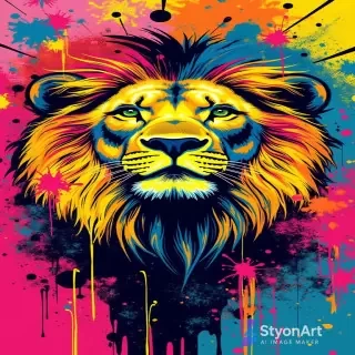 pop art lion with graffiti elements and neon colors, modern street art style, bold outlines, splashes of paint, vibrant background, Banksy-inspired, expressive and trendy composition