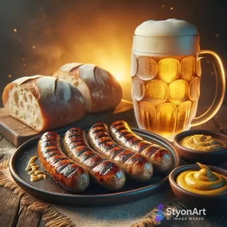 "Ultra-realistic modern food photography combined with painterly lighting, featuring three perfectly grilled Romanian mici (skinless sausages) with rich, juicy texture and grill marks, served on a dark rustic ceramic plate with a swirl of golden mustard on the side. Next to them, a fresh crusty loaf of bread, partially sliced, and a large frosty glass mug of golden beer with thick creamy foam, condensation visible on the glass. Background is warm, blurred, and softly lit with golden sunset tones, creating a cozy yet elegant atmosphere. Photorealistic details, cinematic depth of field, perfect composition, high dynamic range, 8K resolution, professional food styling, hyper-detailed textures, vibrant yet natural colors."